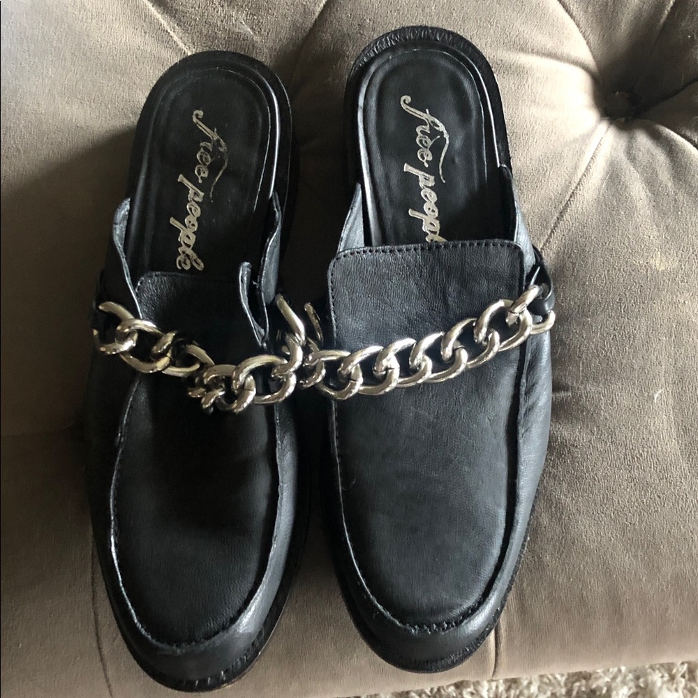 Free People Black Slip-On Loafers with Silver Chain